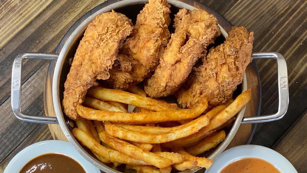 Chicken Tenders App · All white meat, lightly breaded. Your choice of sauce; classic buffalo, sweet chili, or bbq.
