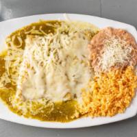 Enchilada Dinner · Three rolled corn tortillas stuffed with your choice of meat and melted Chihuahua cheese.