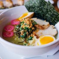 Chicken Ramen · Tare poached sliced chicken with rich chicken broth, wakame, soy egg, fried garlic, menma, f...