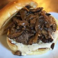 Dirtiest Swiss · Stuffed: Swiss. Topped: Soy Glazed Mushrooms, Parmesan & Herb Aioli,. Caramelized Onion