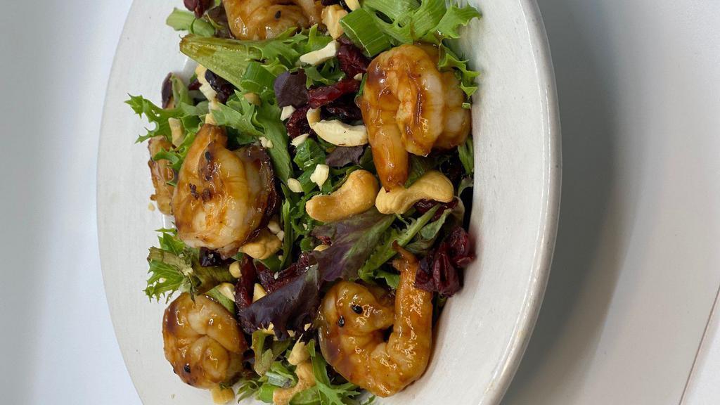 Toasted Sesame Salad · Argentinian Red Shrimp with Organic Harvest Greens, Crispy. Brussels, Cranberry, Cashews, Scallions, Pickled Red Onion,. Toasted Sesame & Ginger Dressing