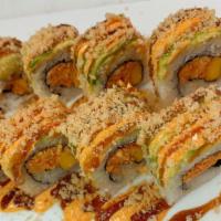 Spicy Crawfish Roll (10Pc) · Seasoned crawfish, sweet mango, avocado on top, topping with shrimp crunchy flakes, combo sp...