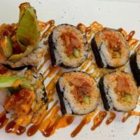 Dynamite Roll (7Pc) · Seasoned (mixed salmon, tuna, and yellow tail) spicy, green leaf lettuce, cucumber, topping ...