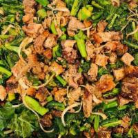Half Tray Pork Belly And Greens · Roasted pork belly wok fried in a light savory sauce, green veggies and herbs, served with l...
