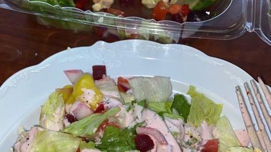Mediterranean (Greek) · Crisp lettuce, feta cheese, tomato, red onion, beets, bell pepper, kalamata olives, pepperoncini, and grilled chicken with Greek
dressing.