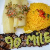 Churrasco · Grilled skirt steak, avocado chimichurri, yellow rice and yuca con mojo add white rice and b...