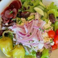 Greek  · Romaine lettuce, feta, cucumber, cherry tomato, kalamata olive, red onion and fresh dill, be...