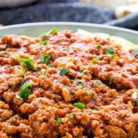 Pasta With Ground Beef Sauce · Spicy. Ground beef, celery, onion, garlic, tomato, jalapenos. Served with French bread or In...