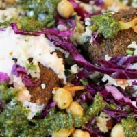 Plate Falafel · your choice of falafel + tabouli, pickled red cabbage, & carrot chickpea salad served over h...