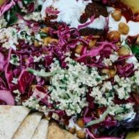 Salad Falafel · your choice of falafel  + mixed greens served with tabouli, pickled red cabbage, & carrot ch...