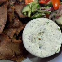 Gyro Bowl · Tasty Halal Gyro Meat, warm fresh pita triangles, hummos, tzatziki, Persia salad, beet pickl...