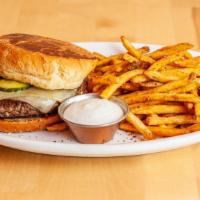 Pritchard Burger · 1/2 lb burger, English Cheddar, bacon tomato jam, Pritchard pickles, brioche bun, za'atar fr...