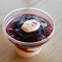 Raspberry Hot Fudge · Vanilla frozen custard topped with whole raspberries and hot fudge.