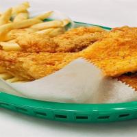 Fried Tilapia Basket (4) · Basket comes with french fries, sweet potato fries or cajun fries ( or substitute onion ring...
