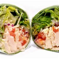 Chicken Caesar Wrap · Roasted chicken, parmesan cheese, romaine lettuce, tomato, onion, and caesar dressing wrappe...
