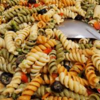 Vegan Pasta Salad · Rotini noodles, black olive, red bell pepper, green onion, broccoli, parsley, Italian season...