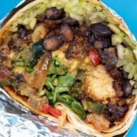Vegan Rito · Fried cauliflower, cilantro rice, black beans, fajita vegetables, guacamole, white onion, le...