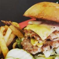 The Smash Burger · Two dark meat chicken patties, bistro sauce, lettuce, pickle, red onion, American cheese, bu...