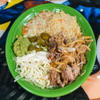 Carnitas Dinner · Tender pork carnitas with grilled onions, served with guacamole salad, pickled jalapeños, ri...