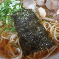 Ramen · Egg noodles with sliced pork, scallions, spinach, egg, bamboo shoots, and seaweed. Broth: Sh...