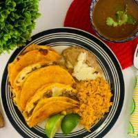 Combo Tacos · Three birria tacos, rice, beans, one consomme soup (8 oz.), green and red spicy salsa (two c...