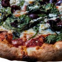 Greek Pizza · Presenting... our Greek pizza. Loaded with feta, olives and spinach over mozzarella cheese.