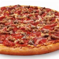 Crazy Meat Pizza · Packed with bacon, Italian sausage, ham, pepperoni and seasoned beef.