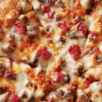 Cheeseburger Pizza · Garlic sauce, beef, fresh onions, and tomatoes topped with shredded mozzarella and cheddar c...