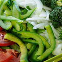 Garden Salad · Green peppers, onions, tomatoes, mild peppers, and dressing.