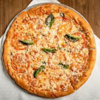 Margherita Pizza  · Vegetarian, with tomato basil sauce, brick and asiago cheeses, sliced tomatoes, garlic, basi...