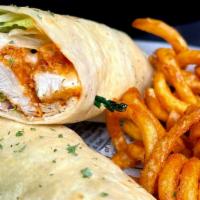 Buffalo Chicken · Fried buffalo chicken strips, lettuce, red onions, crumbled blue cheese and blue cheese dres...