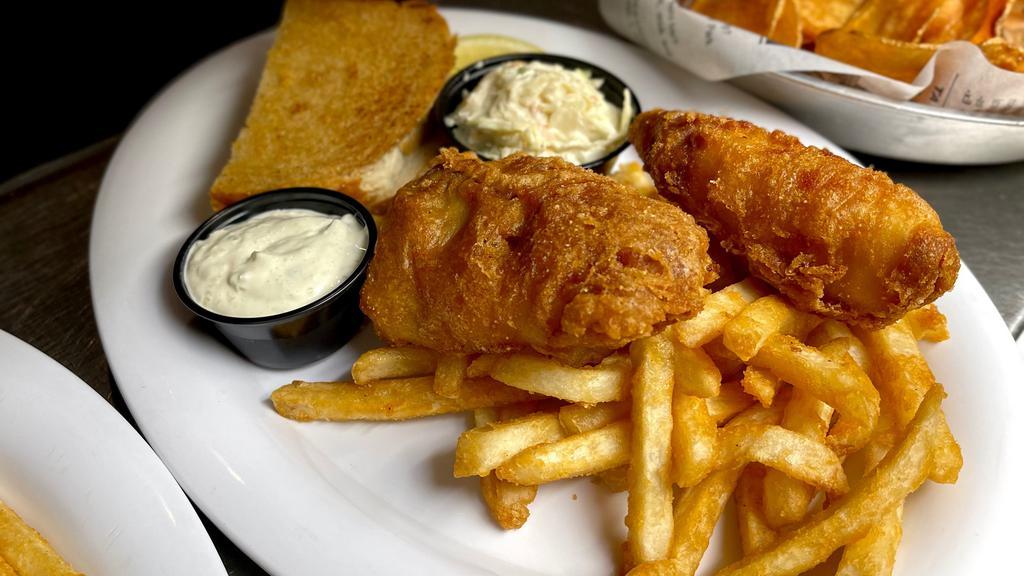 Fish N Chips · 2 large pieces of North Icelandic cod, dipped in infused beer batter served with battered fries, creamy coleslaw, homemade tartar sauce.