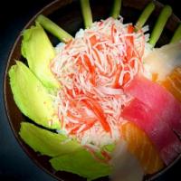 Rainbow Poké Bowl · Crab mix, avocado, cucumber, sliced salmon, yellowtail, & tuna served over rice