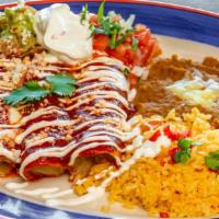 Mexican Enchiladas · Three with authentic Mexican red sauce, shredded chicken, steak beef or queso fresco.