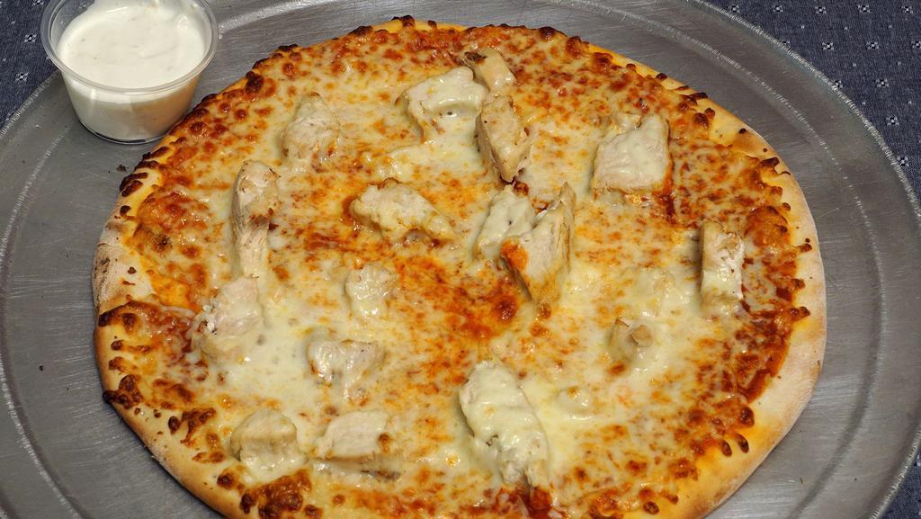 Buffalo Chicken · Spicy. The flavors of authentic buffalo wings on a pizza...hot & spicy just the way you like it. Frank's red hot sauce, grilled white chicken and cheese, served with a side of Bleu cheese dressing.