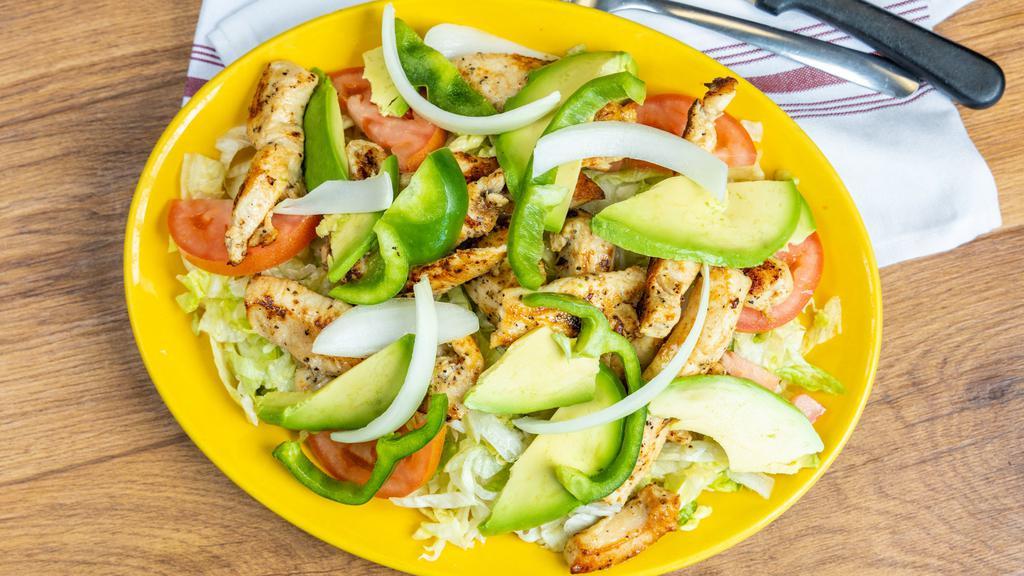 House Salad · Grilled chicken breast with lettuce, green peppers, onion, tomato, and avocado.