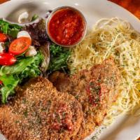 Parmesan Crusted Chicken · Seasoned in a Parmesan, walnut and pecan crust, topped with marinara on a bed of angel hair ...