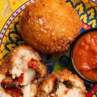 Arancini San Guiseppe · 2 Crisp fried Risotto balls filled with Roasted Red Peppers, Smoked Paprika, Garlic Spinach ...
