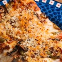 Sfincione Chicago Style Slice · Thick Crust Sicilian Style Pizza with Crumbled Italian Sausage, Green Peppers, Sauteed Garli...