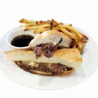 French Dip · Shaved Ribeye | Onion Confit | Horseradish Aioli Muenster | Toasted Baguette | Jus.