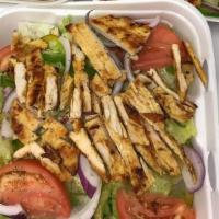 Grilled Chicken Salad · Lettuce, green peppers, tomatoes and onions.