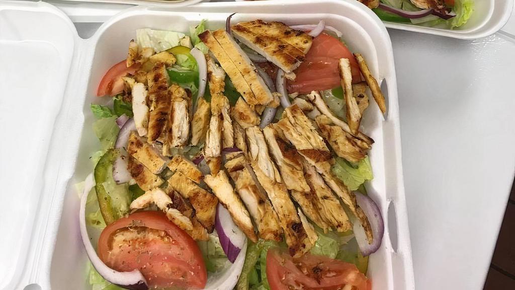 Grilled Chicken Salad · Lettuce, green peppers, tomatoes and onions.