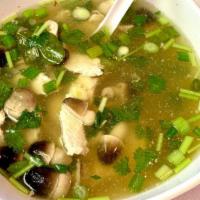 Tom Yum Soup · Clear soup flavor with Thai seasoning, galangal, lemon grass, kaffir lime leaves, straw mush...