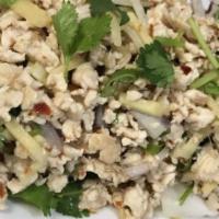 Nam Sod · Boiled ground chicken mixed with white onions, green onions, cilantro, lime juice, fresh gin...