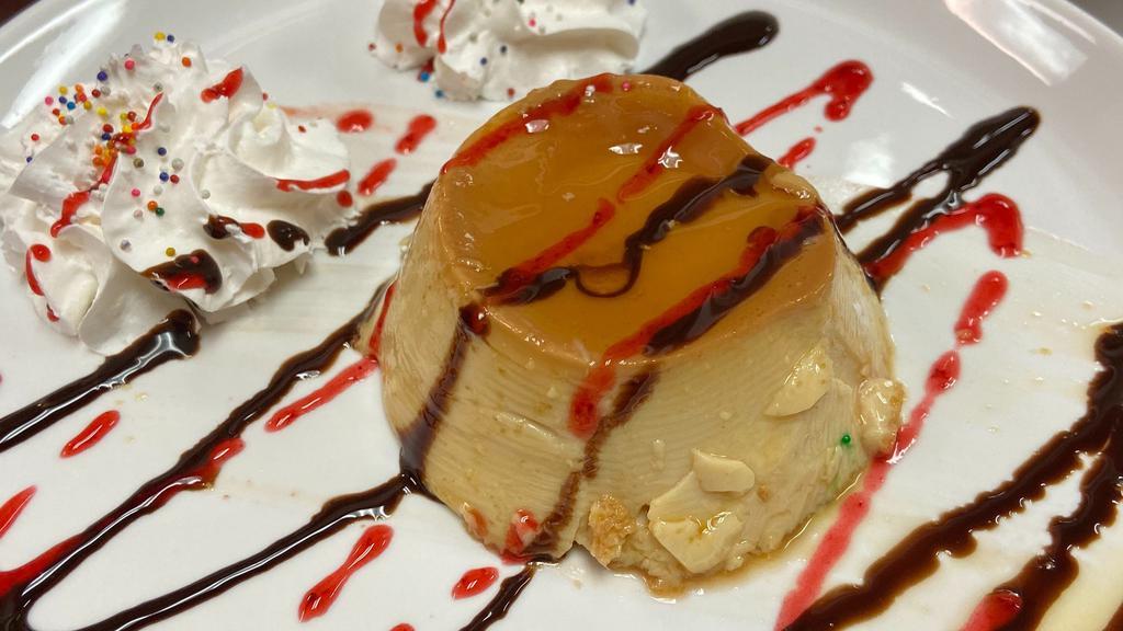Flan Mexicano · Made from scratch custard where sugar is cooked to caramel stage  then added to a mixture of eggs, condensed milk, evaporated milk, and vanilla, and baked to perfection. (Made in-house)