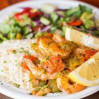 Shrimp Kebab Plate · Served with your choice of rice, house salad, grilled onions and peppers, garlic sauce and g...