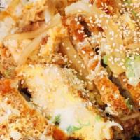 Katsu Don · Your choice of fried chicken or pork cutlets with egg and vegetables over rice. Served with ...