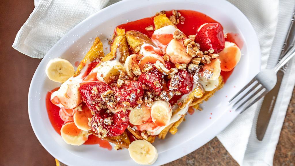 Stuffed French Toast · jubilee topped w/ bananas, strawberries, pecans & whipped cream.