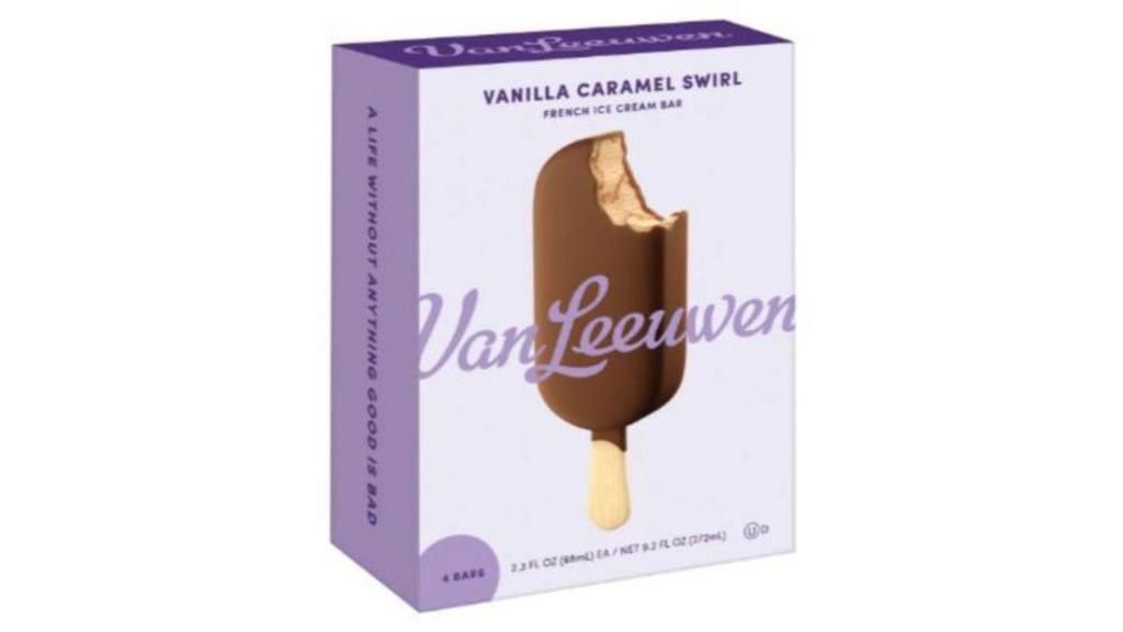 Van Leeuwen Vanilla Caramel Swirl Ice Cream Bar (4 Bars) · Nothing makes us happier than this Vanilla Caramel Swirl Ice Cream Bar. Vanilla ice cream with a swirl of caramel all wrapped up in a thick coating of milk chocolate. We set the bar high for this bar and this is the best bar, bar none.