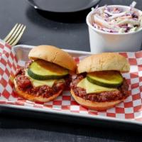 Vegan Smoky Joe Sliders · Two Vegan Smoked Impossible Sliders with Vegan Gouda Cheese & House Pickles (Vegan)